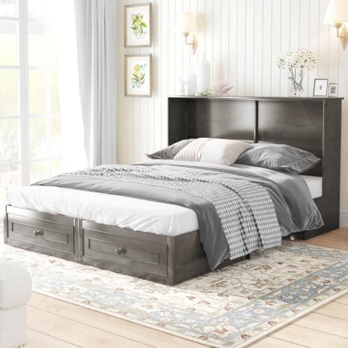 CECER Queen Murphy Cabinet Bed without Mattress, Slate Grey