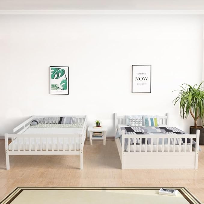 NAFORT Twin Over Twin Bunk Bed with Trundle, Solid Wood Bed Frame with Ladder & Safety Guardrails, Space Saving Bunk Bed for Kids Teens Adults Guest Room, Convertible Design, White