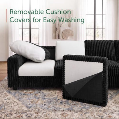 HONBAY Corduroy Sectional Sofa with Ottoman, 6 Seat L Shaped Couch, Black