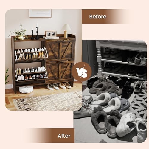 Shoe Storage Cabinet with 4 Flip Drawers, Freestanding Shoe Cabinet with Wooden Legs, Farmhouse Shoe Rack Cabinet for Entryway, Hallway, Rustic Brown