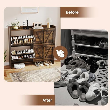 Shoe Storage Cabinet with 4 Flip Drawers, Freestanding Shoe Cabinet with Wooden Legs, Farmhouse Shoe Rack Cabinet for Entryway, Hallway, Rustic Brown
