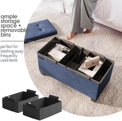 Storage Ottoman Bench with Bins, 30-in Storage Bench for Bedroom End of Bed, Folding Foot Rest Ottoman for Living Room Max 660lbs, Leather Ottomans, Blue