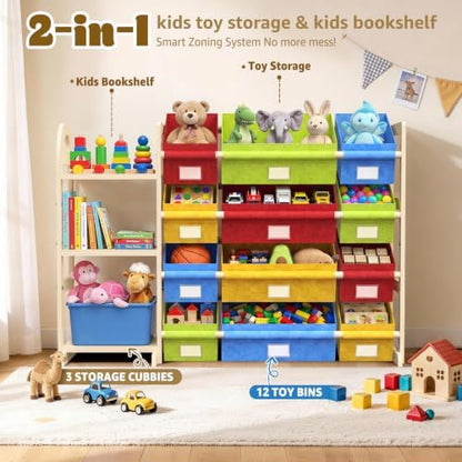 Storage Organizer with 12 Bins and Bookshelf, 47.4-Inch Wide Bookcase for Bedroom, Living Room, or Family Room