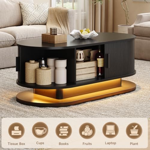 ONBRILL 43.3" Oval Floating Coffee Table with LED Light, Black