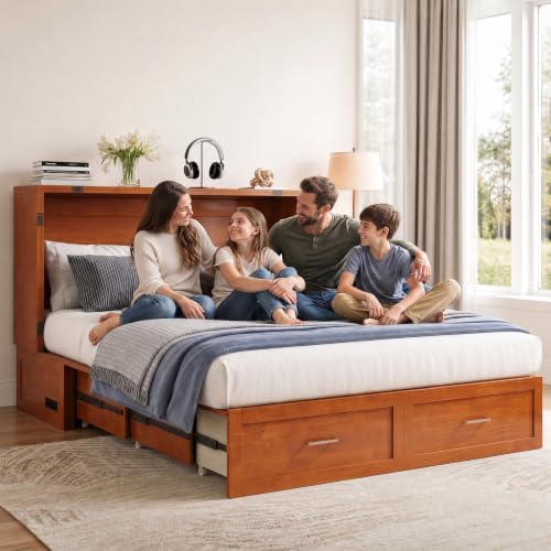 Mjkone Murphy Cabinet Bed with Tri-Folding Mattress, Queen Size Cherry