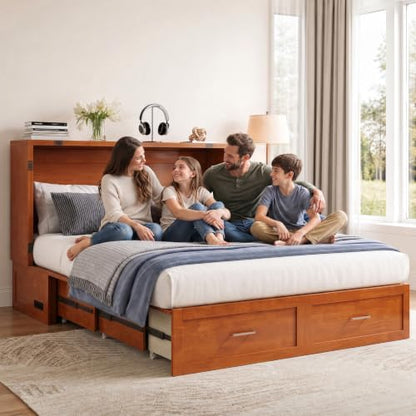 Mjkone Murphy Cabinet Bed with Tri-Folding Mattress, Queen Size Cherry