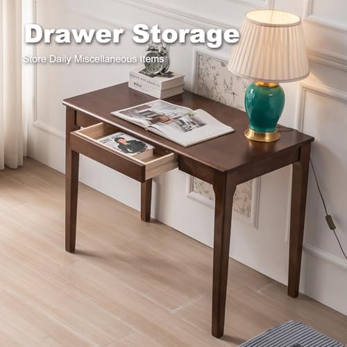Solid Wood Desk, Gaming Study Home Office Desks for Work, Student PC Desk for Bedroom, Small Computer Desk for Small Spaces, Easy to Assemble (Walnut Color, 39inch)