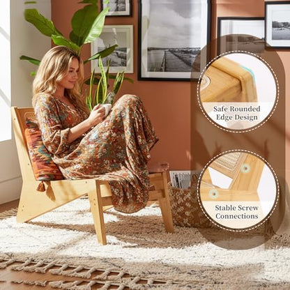 Furlide Rattan Accent Chair, Compact Low-Profile Bamboo Chair in Walnut