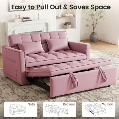 Sleeper Sofa Bed with Adjustable Backrest & Side Pockets, Pink