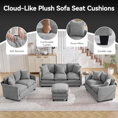 Cloud 3 Pieces Sofa Set, 1+1+3 Seater Couch, Modern Sofas Sets with Deep Seat, Modular Sectional Couches Sets for Living Room, Bedroom, Small Apartment, Light Grey