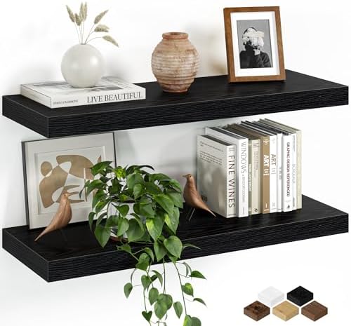 Floating Shelves for Wall, 24 Inch Set of 2 Rustic Wood Wall Shelves with Invisible Brackets, Heavy Duty Storage Display for Living Room Bedroom Kitchen, Black