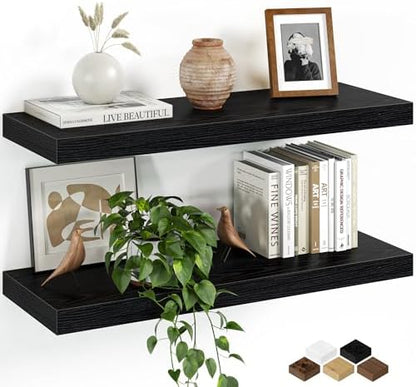 Floating Shelves for Wall, 24 Inch Set of 2 Rustic Wood Wall Shelves with Invisible Brackets, Heavy Duty Storage Display for Living Room Bedroom Kitchen, Black