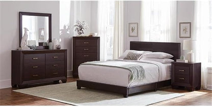 MAKLAINE 4-Piece Wood Twin Bedroom Set, Brown and Dark Cocoa Finish, Faux Leather Upholstered Bed, Includes Dresser, Nightstand, Mirror, Rubberwood Construction, Mid-Century Modern Style for Bedroom