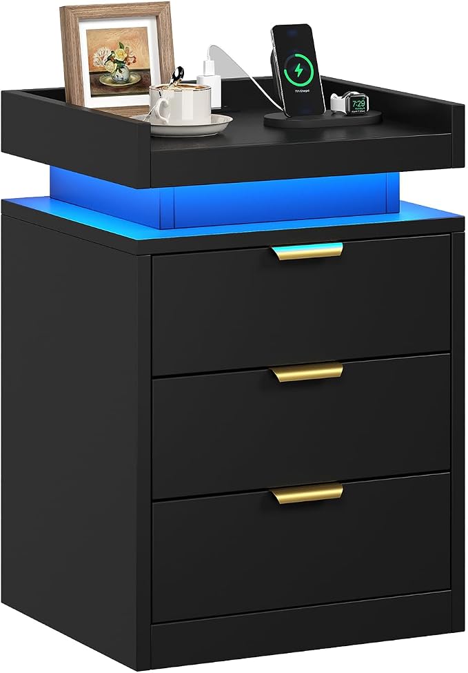 knoworld LED Nightstand with Charging Station & USB Ports, 3-Drawer Bedside Table with Adjustable RGB LED Lights, High-Gloss Modern Nightstands for Bedroom, Black