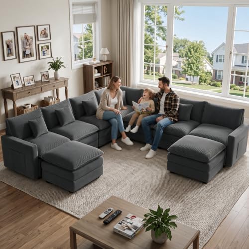 Oversized Cloud Couch Sectional, Deep Seat Modular Sofa with Ottoman, Grey