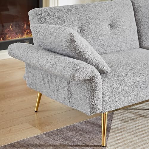 Futon Sofa Bed, Teddy Convertible Couches with Side Pocket, Gray