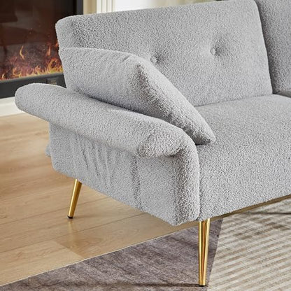 Futon Sofa Bed, Teddy Convertible Couches with Side Pocket, Gray