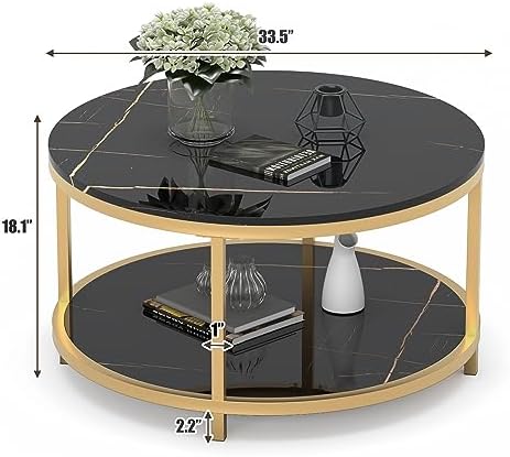WiberWi Round Coffee Table 33.5" Coffee Tables for Living Room High Glossy Faux Balck Marble Top Modern Circle Table Sturdy Gold Metal Frame Legs Cocktail Table with Storage Open Shelf