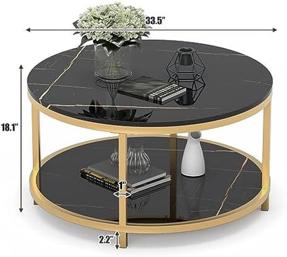 WiberWi Round Coffee Table 33.5" Coffee Tables for Living Room High Glossy Faux Balck Marble Top Modern Circle Table Sturdy Gold Metal Frame Legs Cocktail Table with Storage Open Shelf