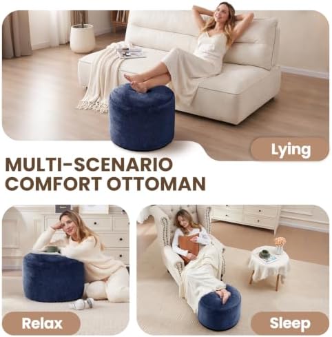 WSOFRLAC Poofy Ottoman Foot Rest,Small Couch Boho Foot Stools,Navy 20x15in