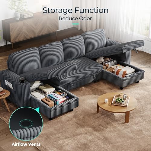 LINSY HOME Pull Out Sofa Bed Sectional Sleeper Sofa with Storage, Plush Corduroy Pullout Modular Sectional Couches for Living Room, U Shaped Convertible Couch Bed for Apartment (Grey)