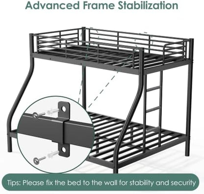 Bunk Beds Twin XL Over Full Size with 6" Mattresses Included, All-in-One Bunk Bed for Kids/Adults, Heavy Duty Sturdy Frame with Ladder Guardrail, with Memory Foam Mattresses, Black