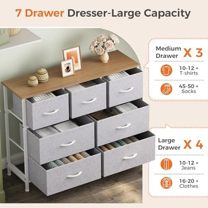 Sweetcrispy 7 Drawer Dresser for Bedroom Storage, Fabric Bins, Light Grey