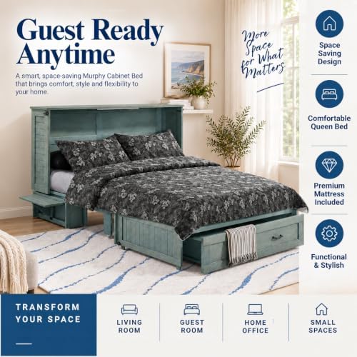 NIGHT & DAY Furniture Poppy Murphy Cabinet Bed with 6" Premium Gel Memory Foam Mattress, Queen, Antique Blue