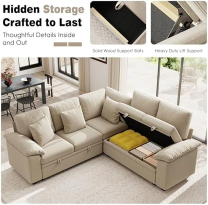 Ihanherry 86" Modular Sectional Sofa with Pull Out Bed, 5-Seater L Shaped Sectional Sleeper Couch with Storage, Chenille Convertible Couches for Living Room, Apartment (Sand)