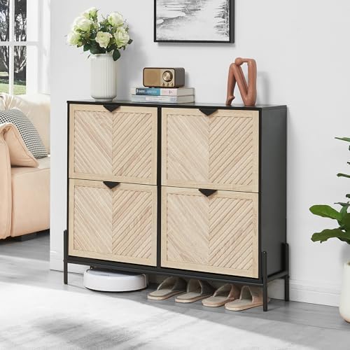 Shoe Cabinet with 4 Flip Drawers, Narrow Entryway Rack, Oak&Black