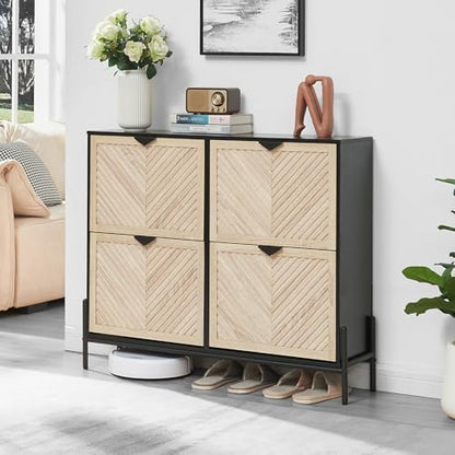 Shoe Cabinet with 4 Flip Drawers, Narrow Entryway Rack, Oak&Black