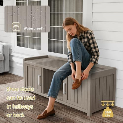 Storage Bench - Waterproof Resin Shoe Bench with Adjustable Shelves - Indoor & Outdoor Use, 2 Doors Entryway Bench with Hidden Storage Space - Storage Cabinet for Bedroom, Hallway, Grey
