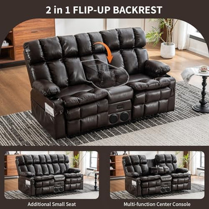 Loveseat Recliner Sofa with Massage & Heat, Flip Backrest, Reclining Home Theater Seating with Console, RV Couch Sofa with Bluetooth Speaker, USB/Outlet/Storage/Cup Holder/Side Pocket, Brown