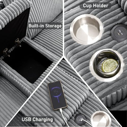 132" U Shaped Corduroy Cloud Couch with Console, USB&Cup Holder, Dark Grey