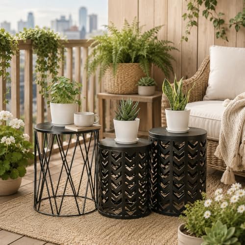 Y&M Outdoor Side Tables Set of 3, Round Metal Nesting Patio End Tables, Heavy Duty Stacking Accent Tables for Patio, Balcony, Garden, Porch, Indoor & Outdoor, Black