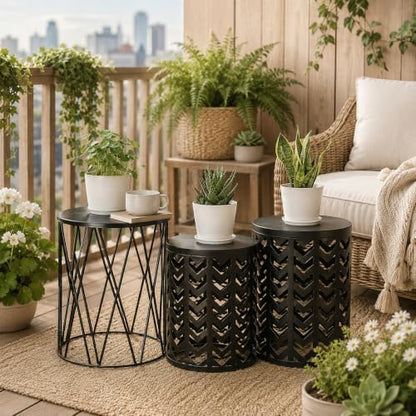 Y&M Outdoor Side Tables Set of 3, Round Metal Nesting Patio End Tables, Heavy Duty Stacking Accent Tables for Patio, Balcony, Garden, Porch, Indoor & Outdoor, Black