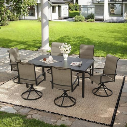 7PCS Outdoor Dining Set, 63" Rectangle Table, 6 Swivel Chairs, Brown