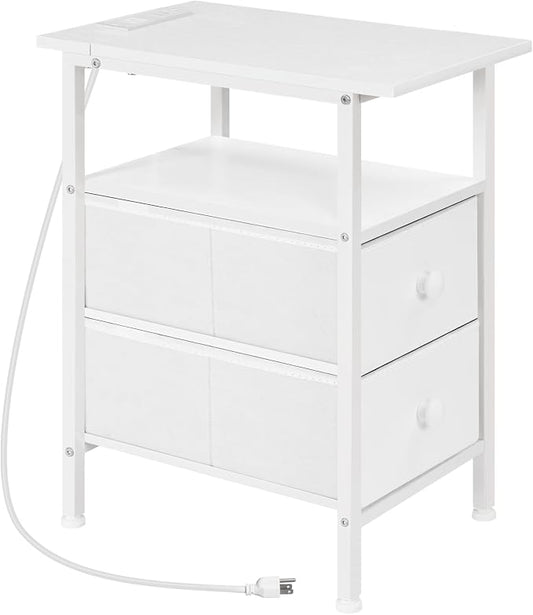 HOOBRO End Table with Charging Station, Narrow Side Table, Nightstand with 2 Non-Woven Drawers, Slim Sofa Side Table, for Small Spaces, Living Room, Bedroom, White WT486UBZ01