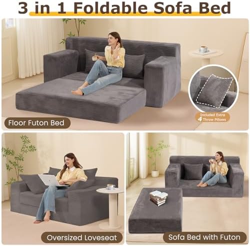 Convertible Sofa Bed, 3 in 1 Loveseat Folding Couch Bed Foldable - Boneless Couch & Floor Futon, Corduroy Pull Out Sofa Bed with 4 Pillows for Living Room, Grey