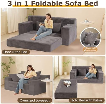 Convertible Sofa Bed, 3 in 1 Loveseat Folding Couch Bed Foldable - Boneless Couch & Floor Futon, Corduroy Pull Out Sofa Bed with 4 Pillows for Living Room, Grey