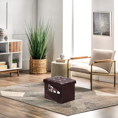 AmasSmile Ottoman with Storage,16" Folding Leather Foot Rest Chest,Brown
