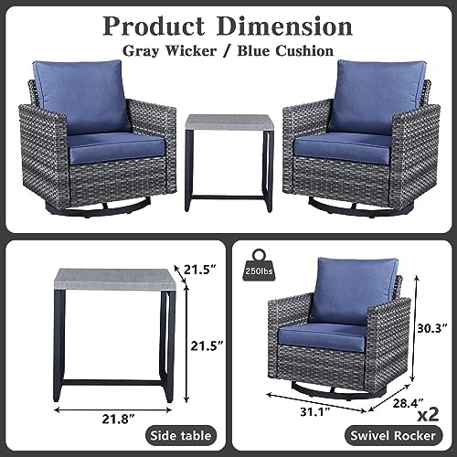 Belord Outdoor Bistro Set 3 Piece Wicker Swivel Rocker Patio Chairs, Oversize Outdoor Rattan Seating Set, Patio Swivel Glider Chairs Wicker Furniture with Metal Side Table for Outside Porch Backyard