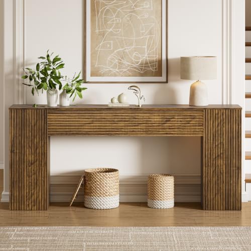 FABATO 70.8” Fluted Long Console Table with 2 Hidden Storage Cabinet, Brown