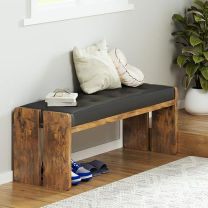 Upholstered Dining Bench with PU Leather Seat, Brown/Black