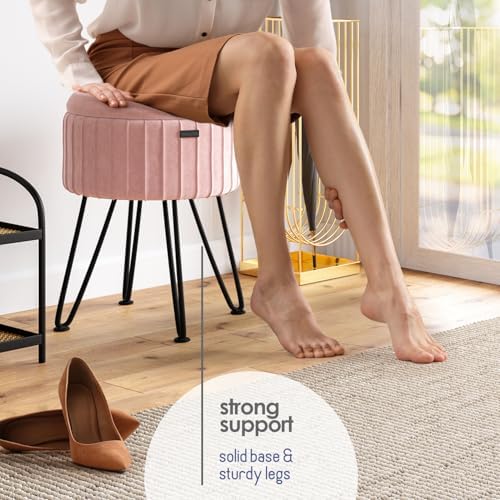 Round Ottoman with Storage, Pleated Velvet Storage Ottoman, Foot Stool Ottomans, Makeup Vanity Stool, Small Ottomans Foot Rest, Modern Vanity Stools for Living Room and Bedroom, Pink