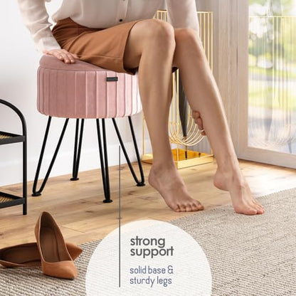 Round Ottoman with Storage, Pleated Velvet Storage Ottoman, Foot Stool Ottomans, Makeup Vanity Stool, Small Ottomans Foot Rest, Modern Vanity Stools for Living Room and Bedroom, Pink