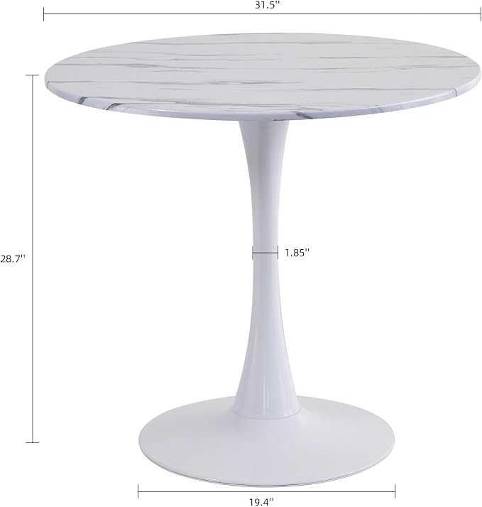 Round Dining Table, 31.5" Circle Tulip Table with Thickened Tabletop & Metal Pedestal, Mid Century Modern Bistro Table for Kitchen, Small Places, Living Room, Cafe (Faux Marble White)