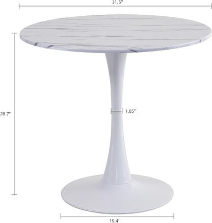 Round Dining Table, 31.5" Circle Tulip Table with Thickened Tabletop & Metal Pedestal, Mid Century Modern Bistro Table for Kitchen, Small Places, Living Room, Cafe (Faux Marble White)
