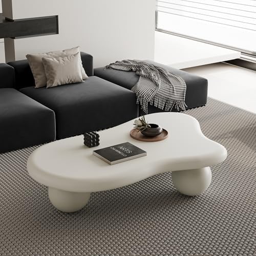 47" Cloud Shaped Coffee Table with 3 Ball Legs, Modern Minimalist Accent Tea Table for Living Room, Bedroom, Apartment or Office, Spacious MDF Surface, Kid & Pet Friendly, Cream White