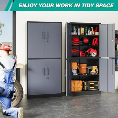 SISESOL Metal Storage Cabinets with Doors and Shelves,71" Metal Garage Storage Cabinet with Lock,Gray Steel Cabinet with Locking Doors,4 Door Lockable Storage Cabinets for Garage,Home,Office